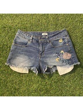 Y2K BEBE Kids Blue denim shorts with embroidered rose and leaf design